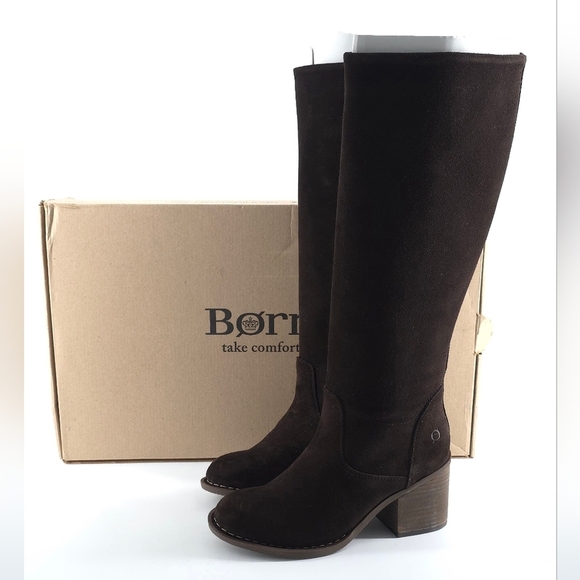 Born Shoes - Born Thea Knee-High Stacked Heel Boot Espresso Suede Size 7.5